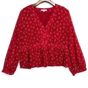 MADEWELL Womens XL Blouse Red V-NECK PEPLUM Top in Little Lilies Floral Print